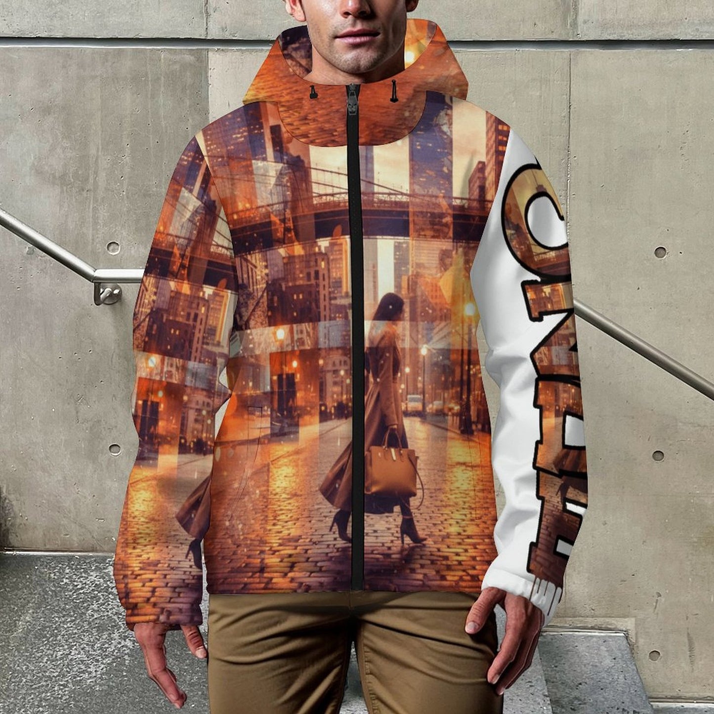 CZDE Urban City Collage Hooded Windbreaker - Men's Street Style Jacket
