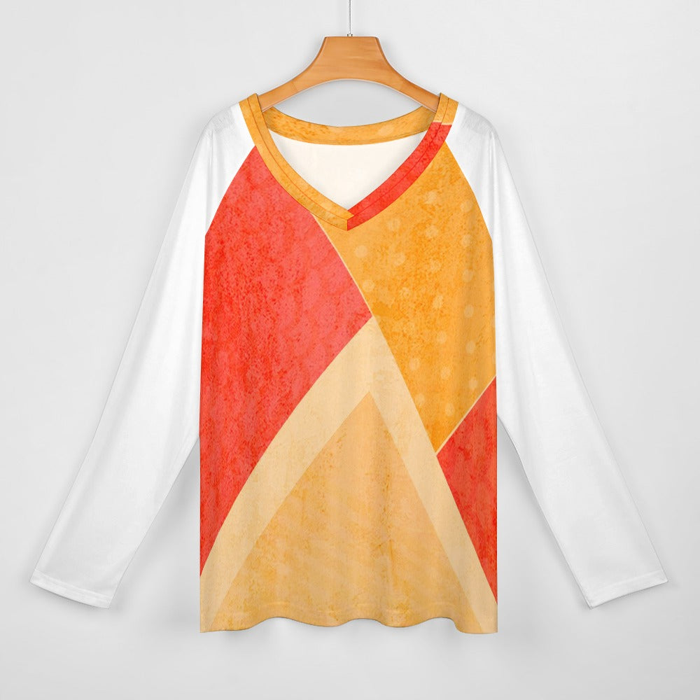 Retro Color Block Long Sleeve V-Neck Shirt – Casual Women’s Top