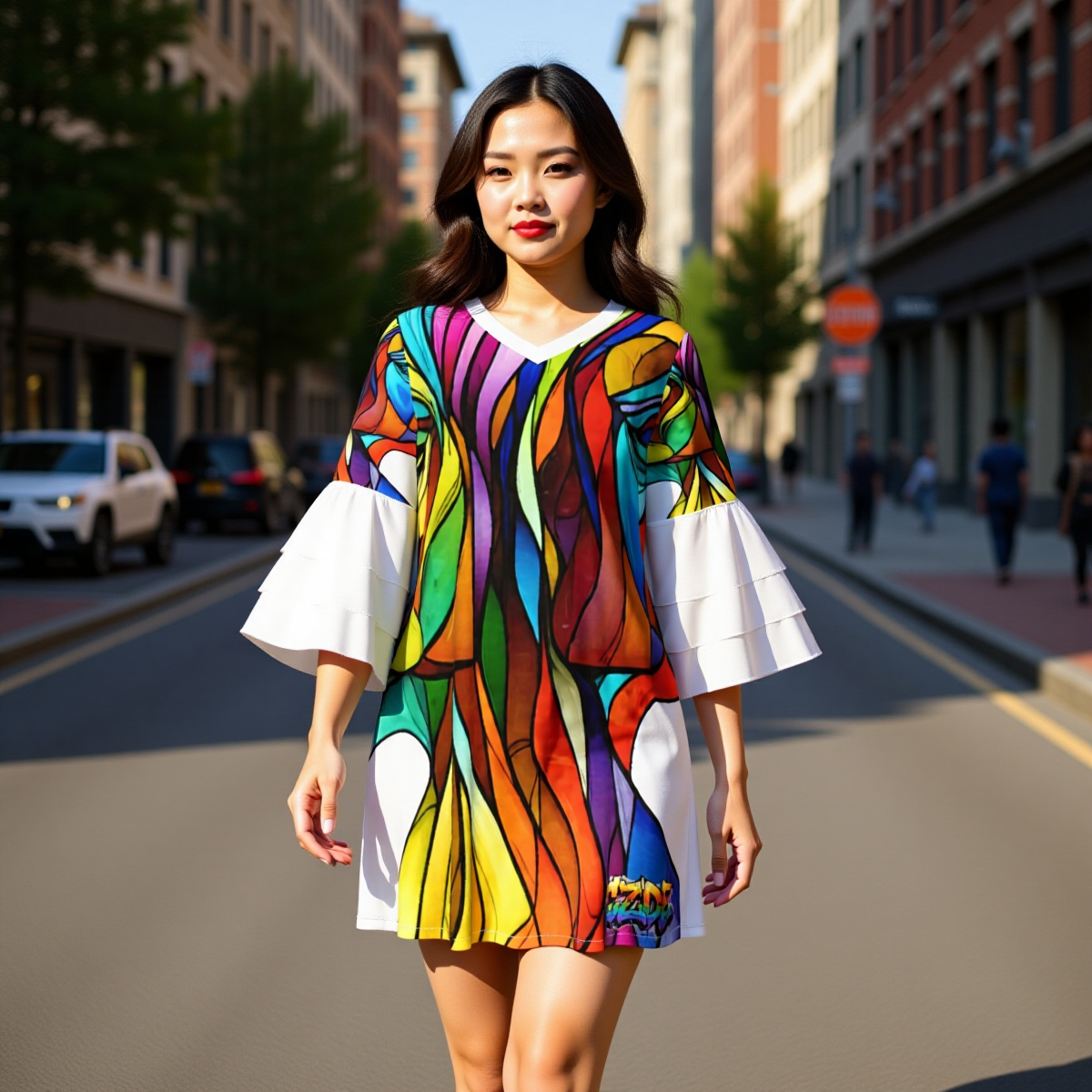 All-Over Print Women's Stacked Ruffle Sleeve Dress