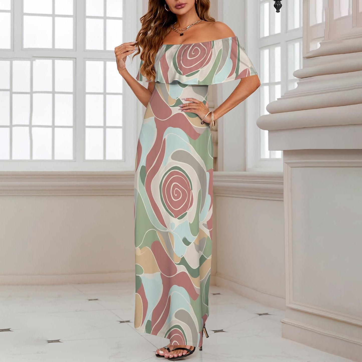 Abstract Print Off-Shoulder Maxi Dress