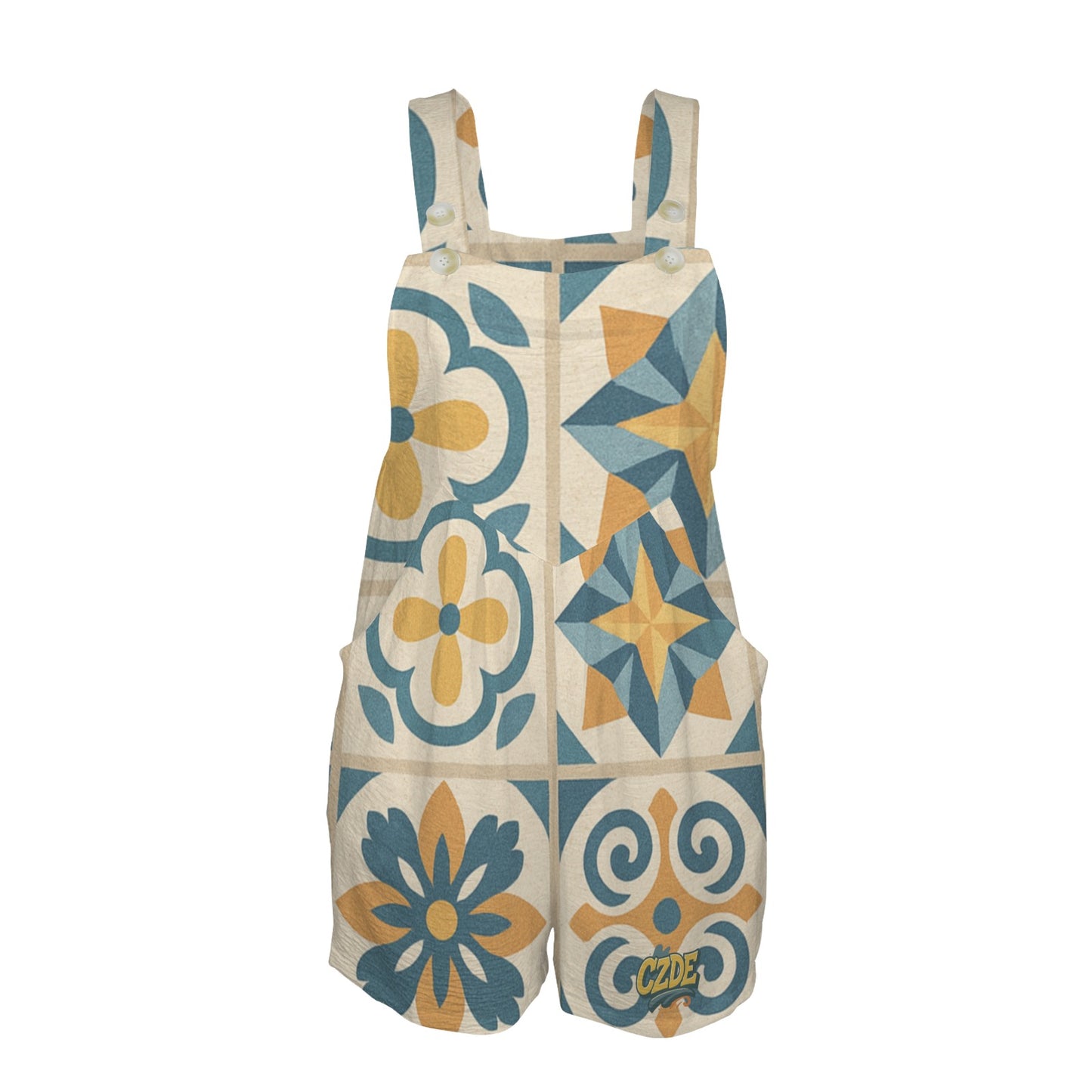 CZDE Women’s Boho Tile Print Overall Shorts – Casual Summer Romper with Pockets