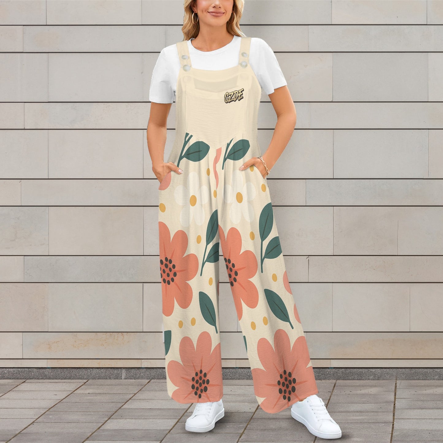 CZDE Women’s Floral Print Wide-Leg Overalls – Casual Boho Jumpsuit with Pockets