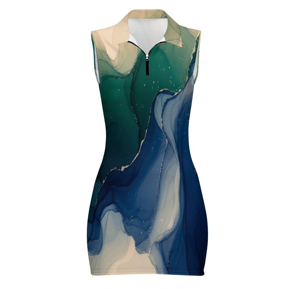 Sleeveless Zipper Bodycon Dress – Blue Marble Print