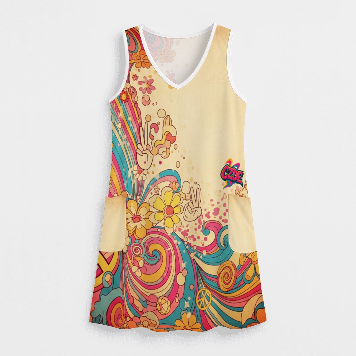 CZDE Summer V-Neck Dress with Retro Floral Print