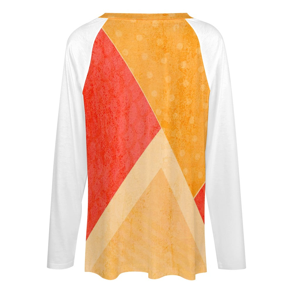 Retro Color Block Long Sleeve V-Neck Shirt – Casual Women’s Top