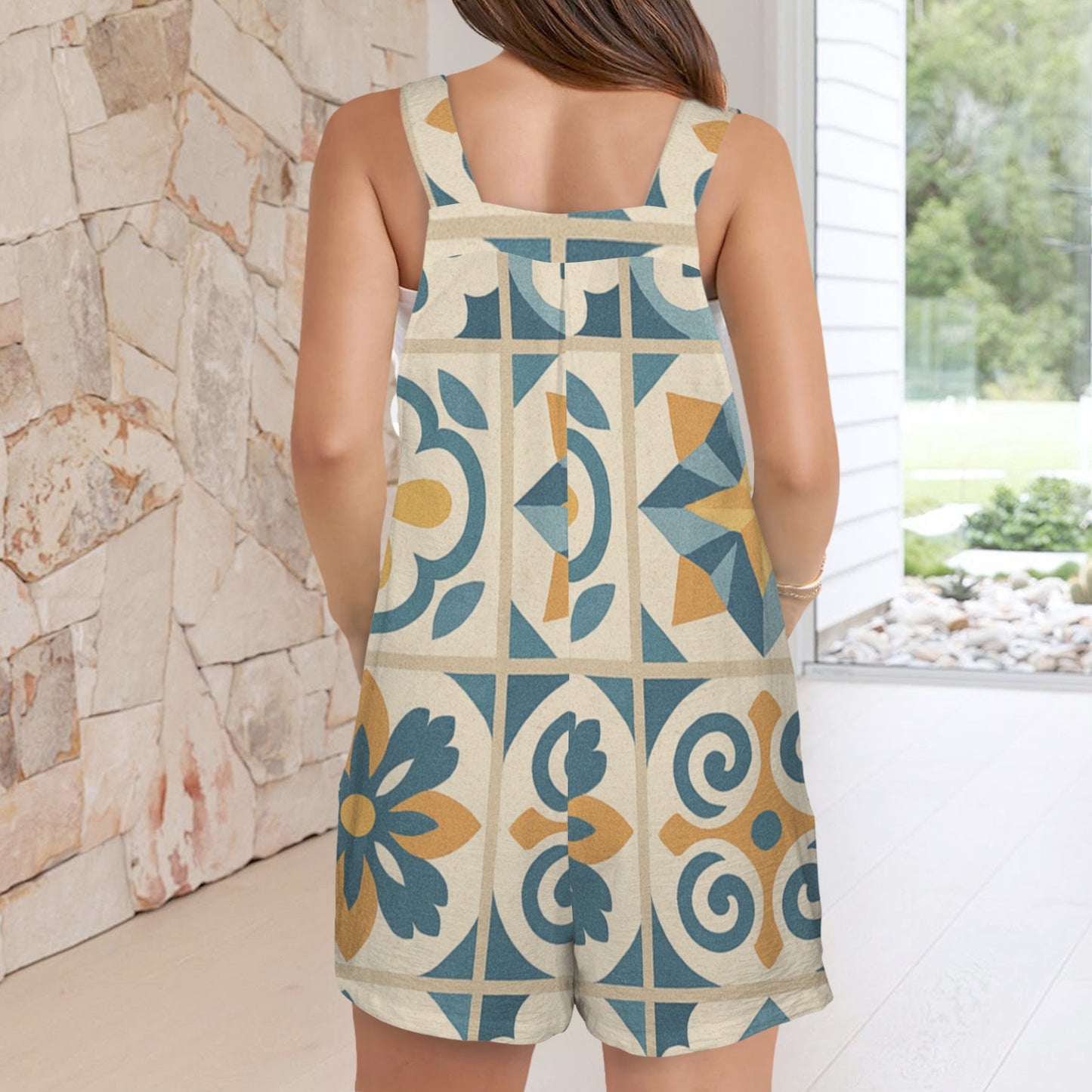 CZDE Women’s Boho Tile Print Overall Shorts – Casual Summer Romper with Pockets