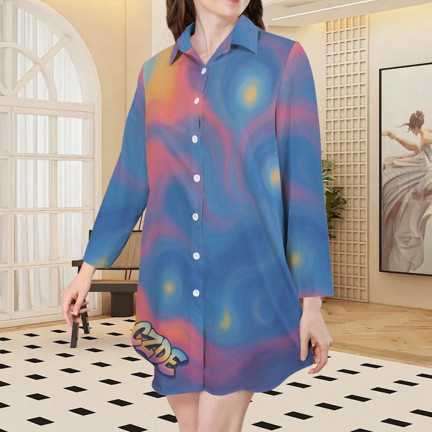 "CZDE Swirl Lounge Shirt – Abstract Color Statement for Creative Souls"