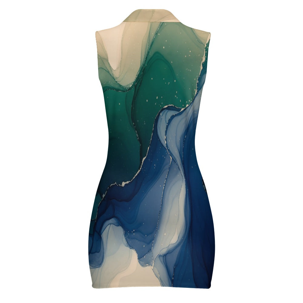 Sleeveless Zipper Bodycon Dress – Blue Marble Print