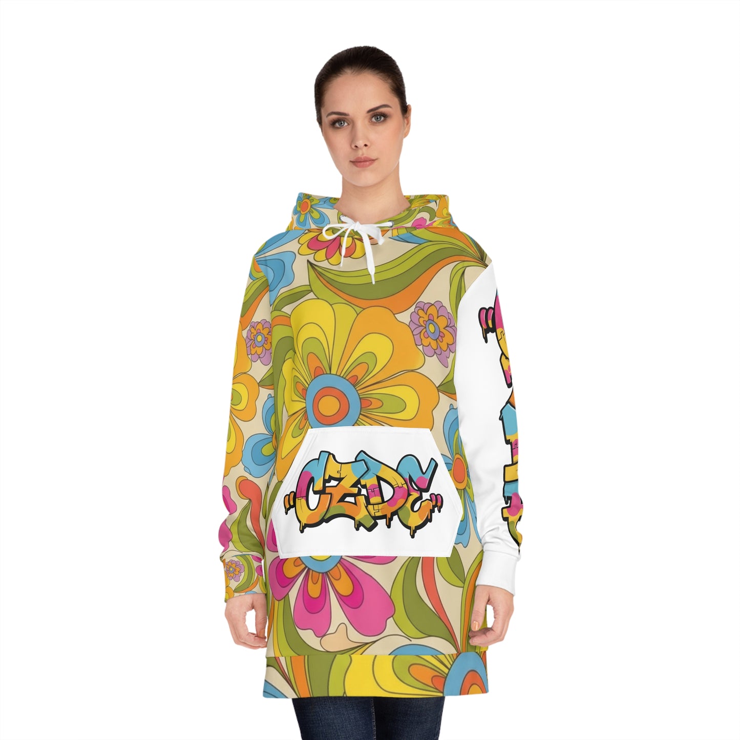 "Retro Floral Hoodie with CZDE Graffiti Print – Unisex Streetwear"