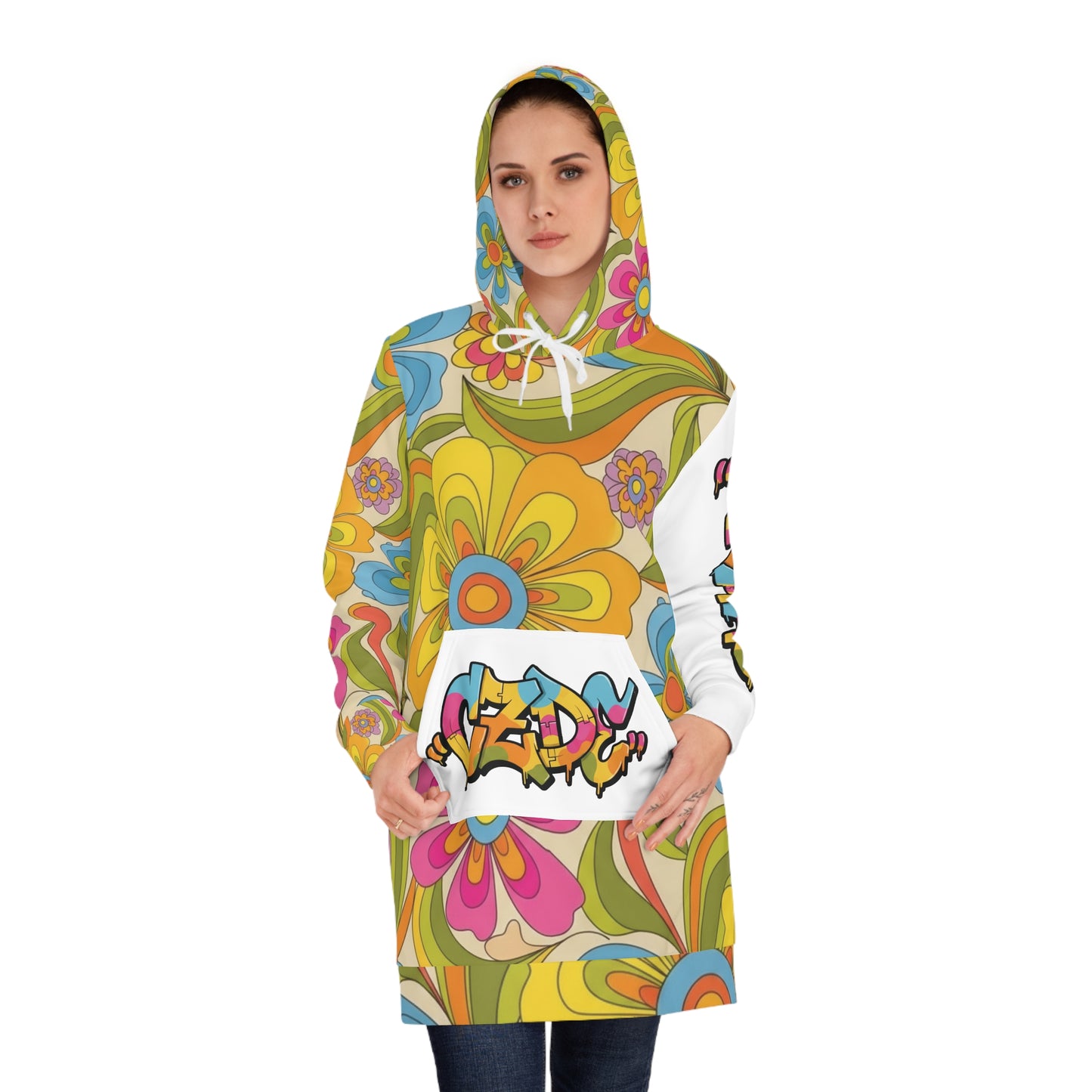 "Retro Floral Hoodie with CZDE Graffiti Print – Unisex Streetwear"