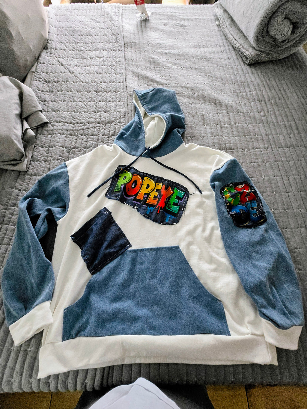 Oversized Hoodie, Handmade Denim Patch