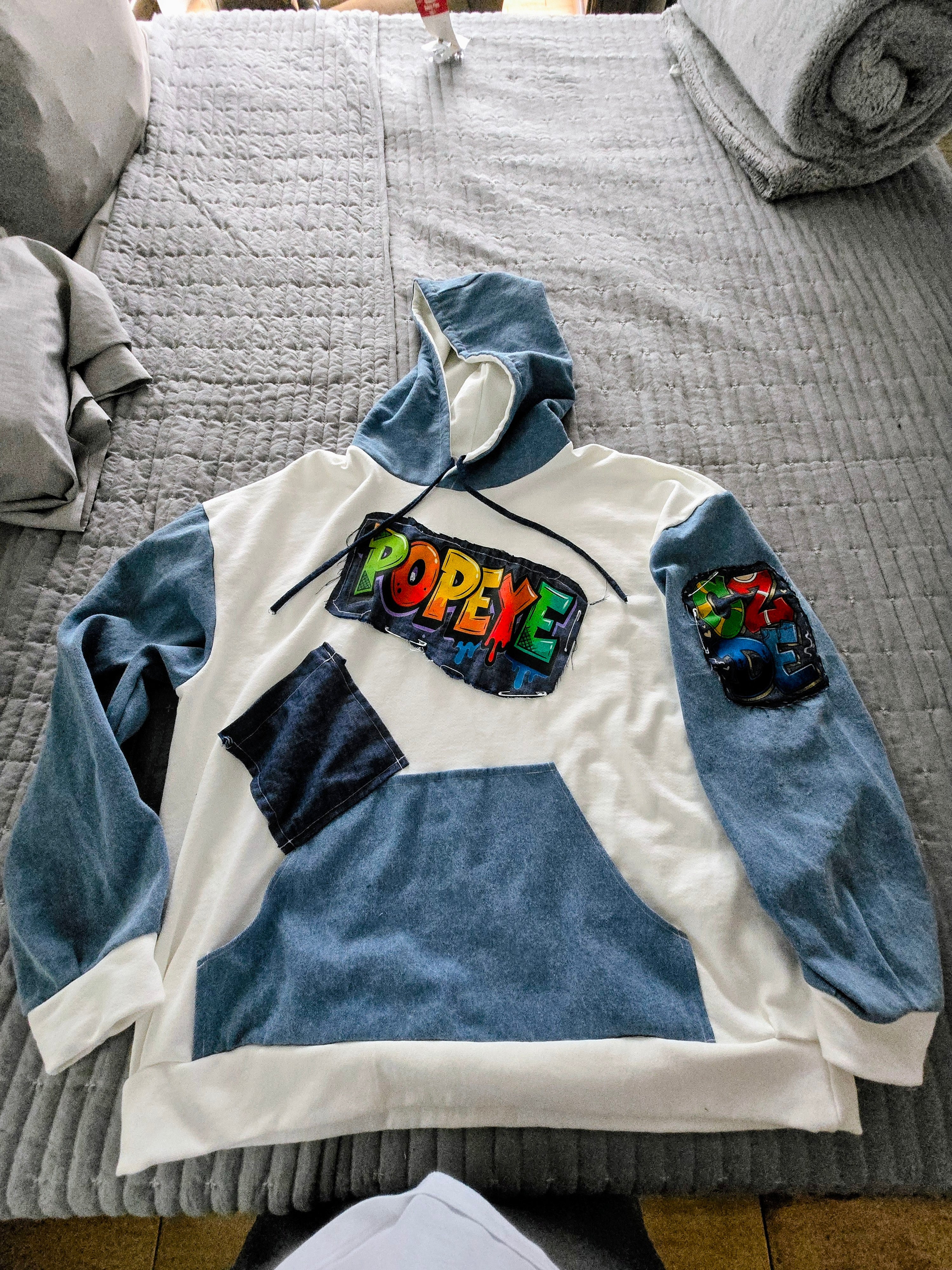 Oversized Hoodie, Handmade Denim Patch