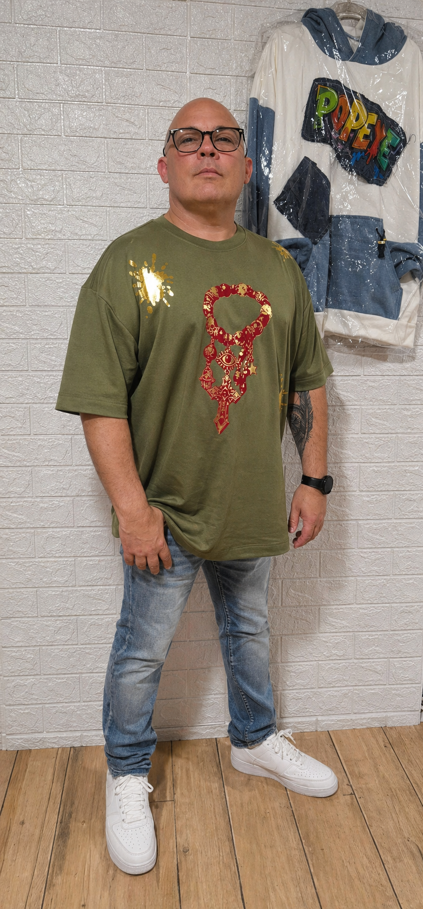 Graffiti Oversized Tee – Olive / Red & Gold CZDE