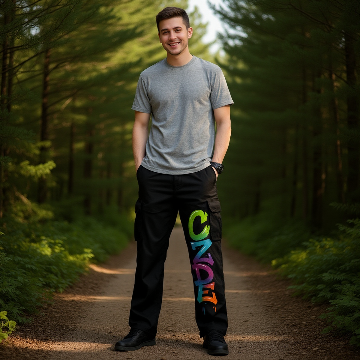 Men’s Black Cargo Pants with CZDE Graffiti Print – Streetwear Style