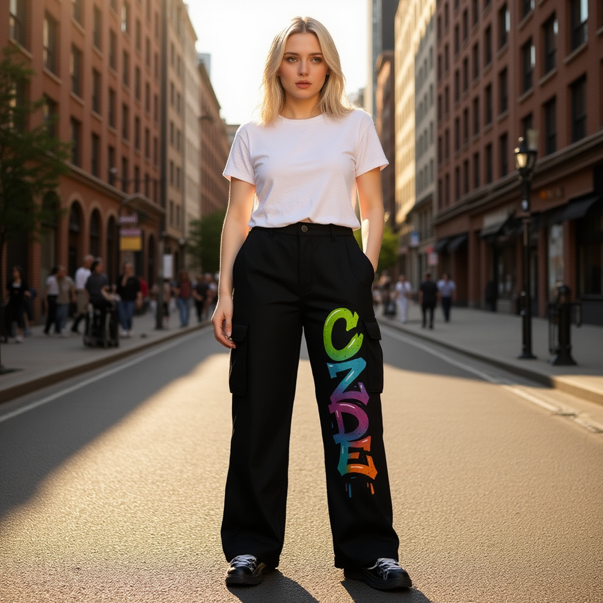 Men’s Black Cargo Pants with CZDE Graffiti Print – Streetwear Style