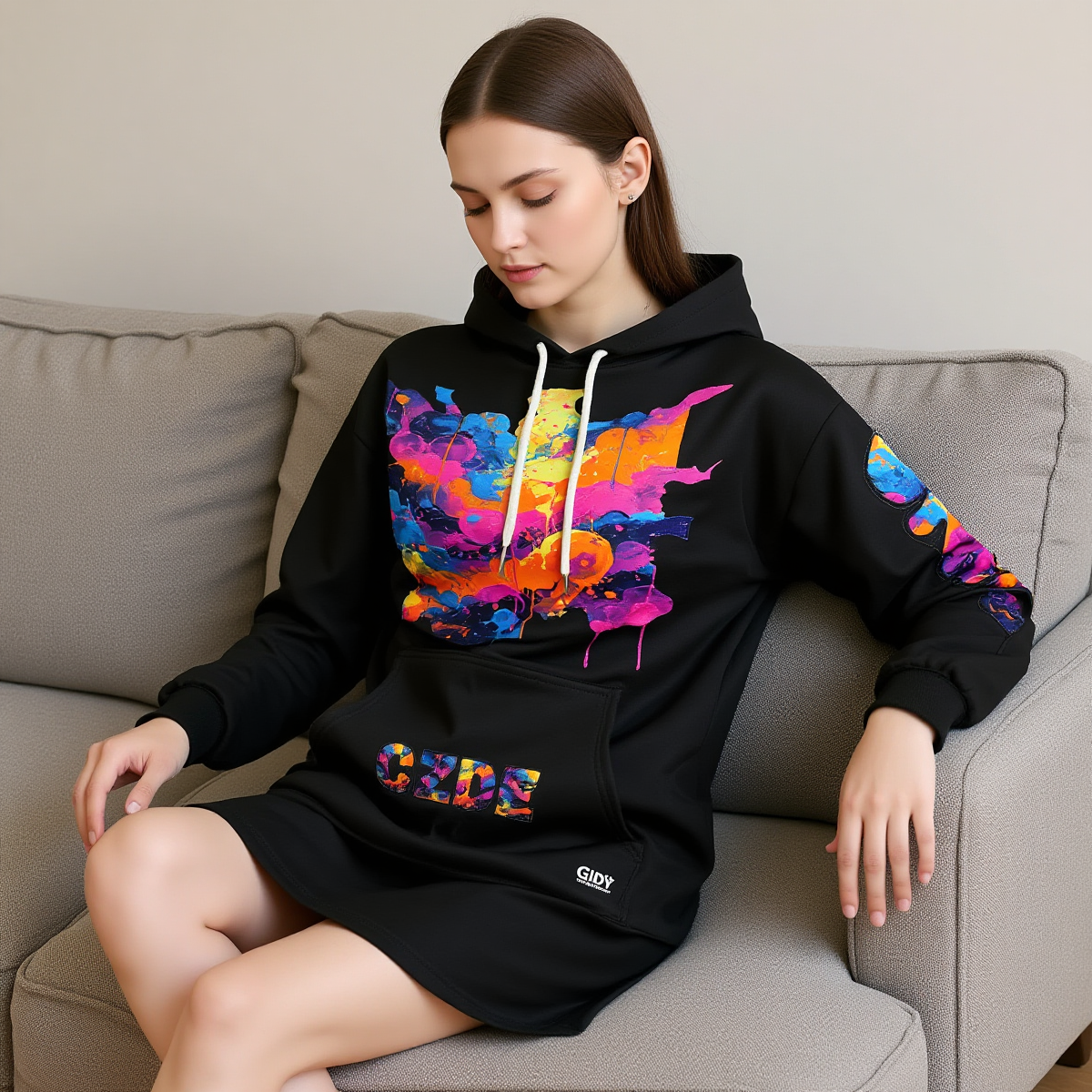 CZDE Abstract Art Hoodie Dress - Colorful Paint Splash Design | Women's Sweatshirt