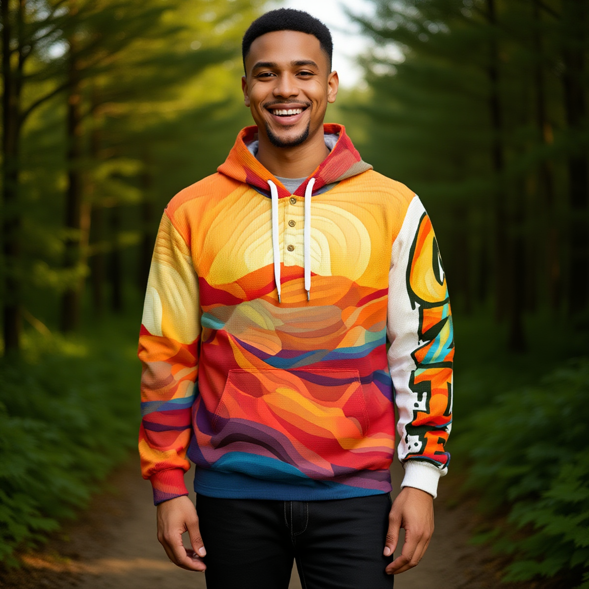 CZDE Sunset Gradient Hoodie - Half Button Pullover | Artistic Wave Print Sweatshirt