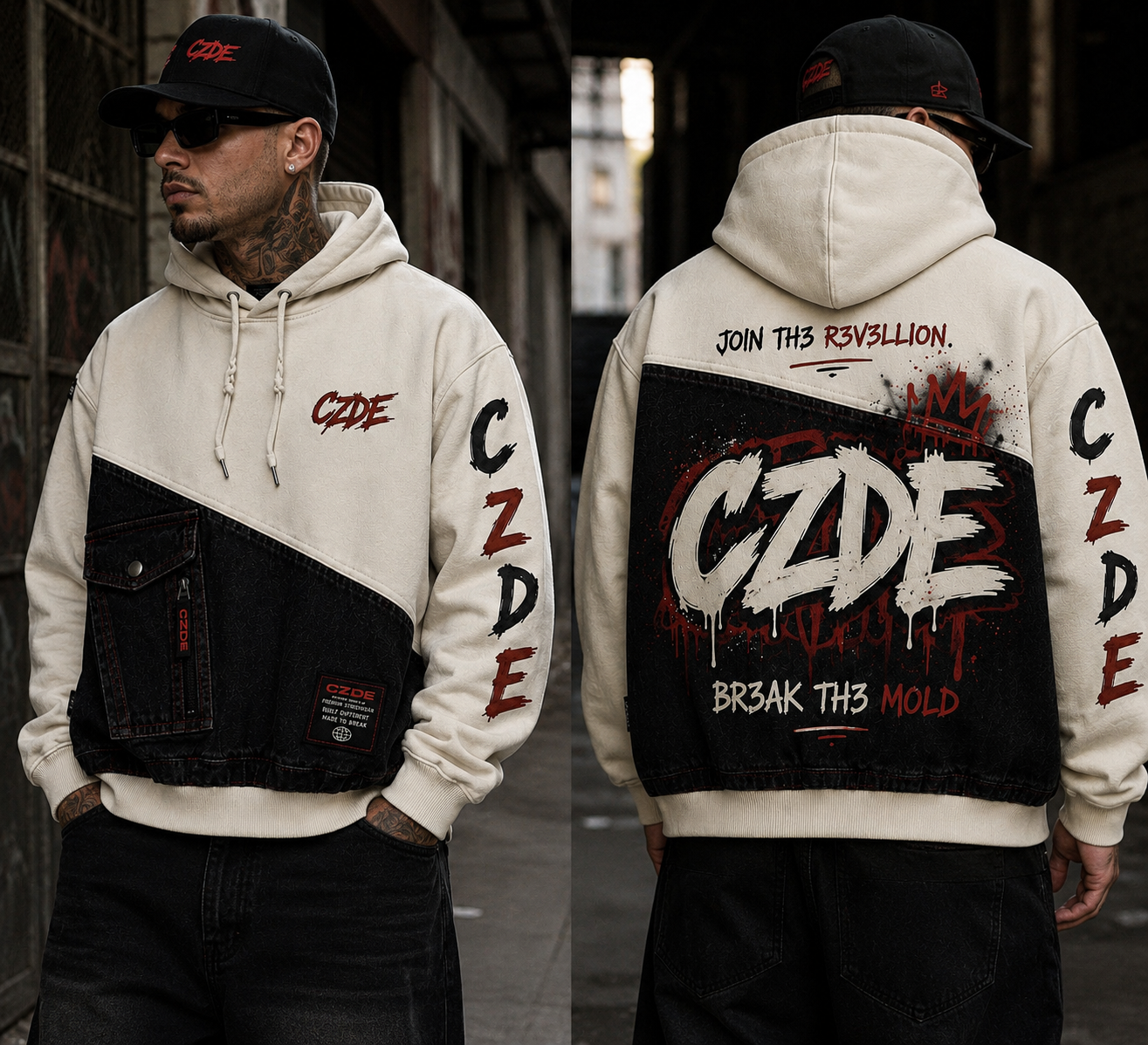 CZDE Denim Hybrid Hoodie flat lay – front and back view showing BR3AK TH3 MOLD graphic