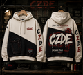CZDE Denim Hybrid Hoodie on rack – studio editorial shot front and back
