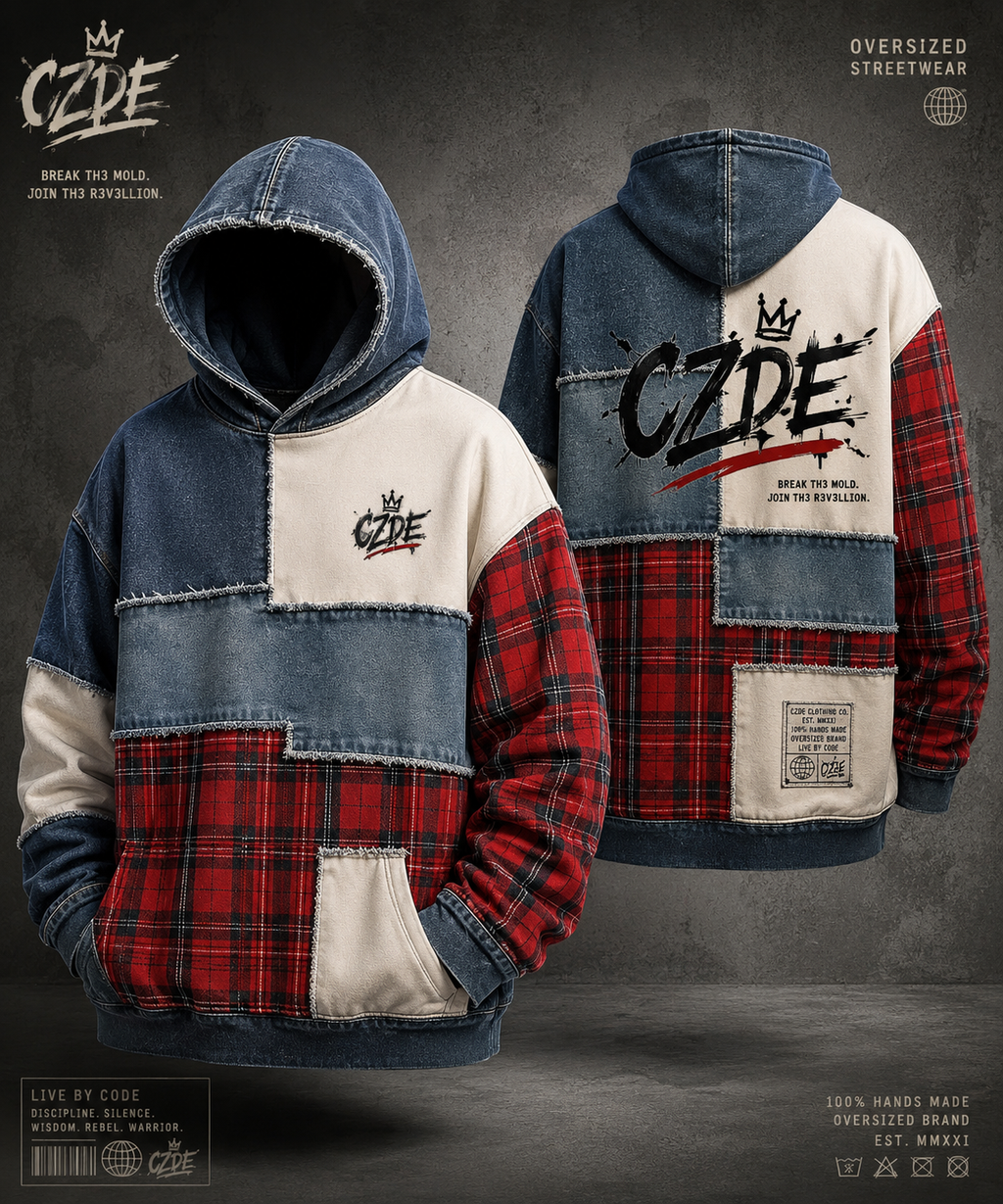 CZDE Patchwork Plaid Hoodie flat lay front and back – product shot on grey background