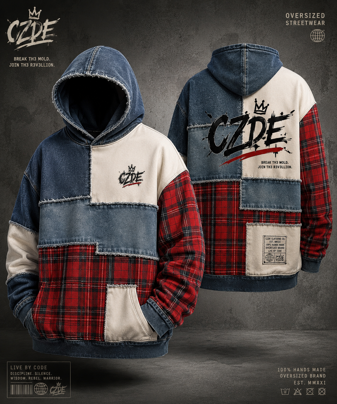 CZDE Patchwork Plaid Hoodie flat lay front and back – product shot on grey background