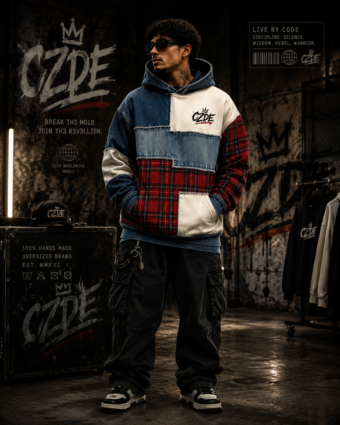 Male model wearing CZDE Patchwork Plaid Hoodie – front view, street editorial