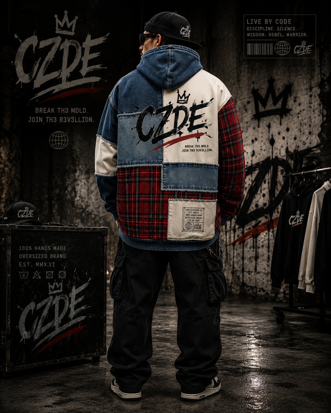 Male model wearing CZDE Patchwork Plaid Hoodie – back view showing CZDE manifesto graphic