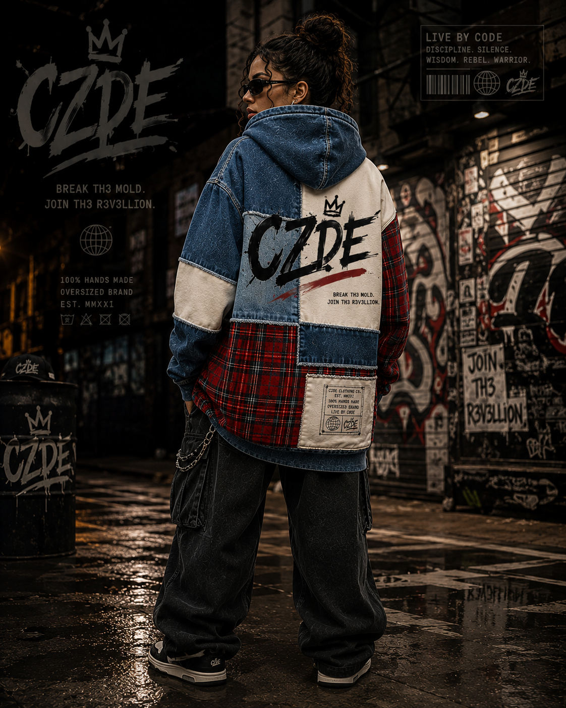 Female model wearing CZDE Patchwork Plaid Hoodie – back view, street editorial