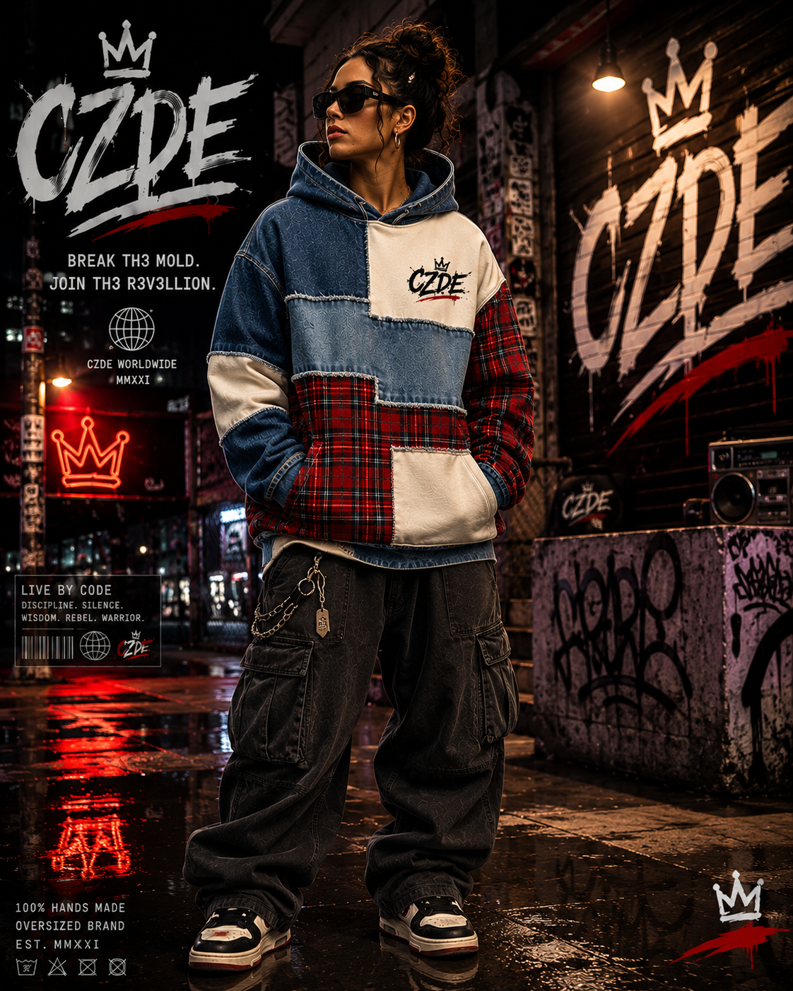 Female model wearing CZDE Patchwork Plaid Hoodie – front view, rainy street editorial