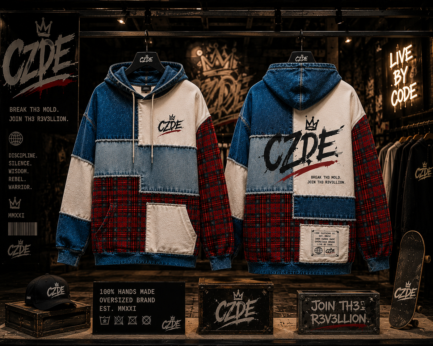 CZDE Patchwork Plaid Hoodie front and back on hanger – store display editorial
