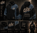 CZDE Denim Patchwork Hoodie product infographic – front and back flat lay with detail callouts: oversized hood, premium print, raw seams, woven label, 450 GSM terry fleece