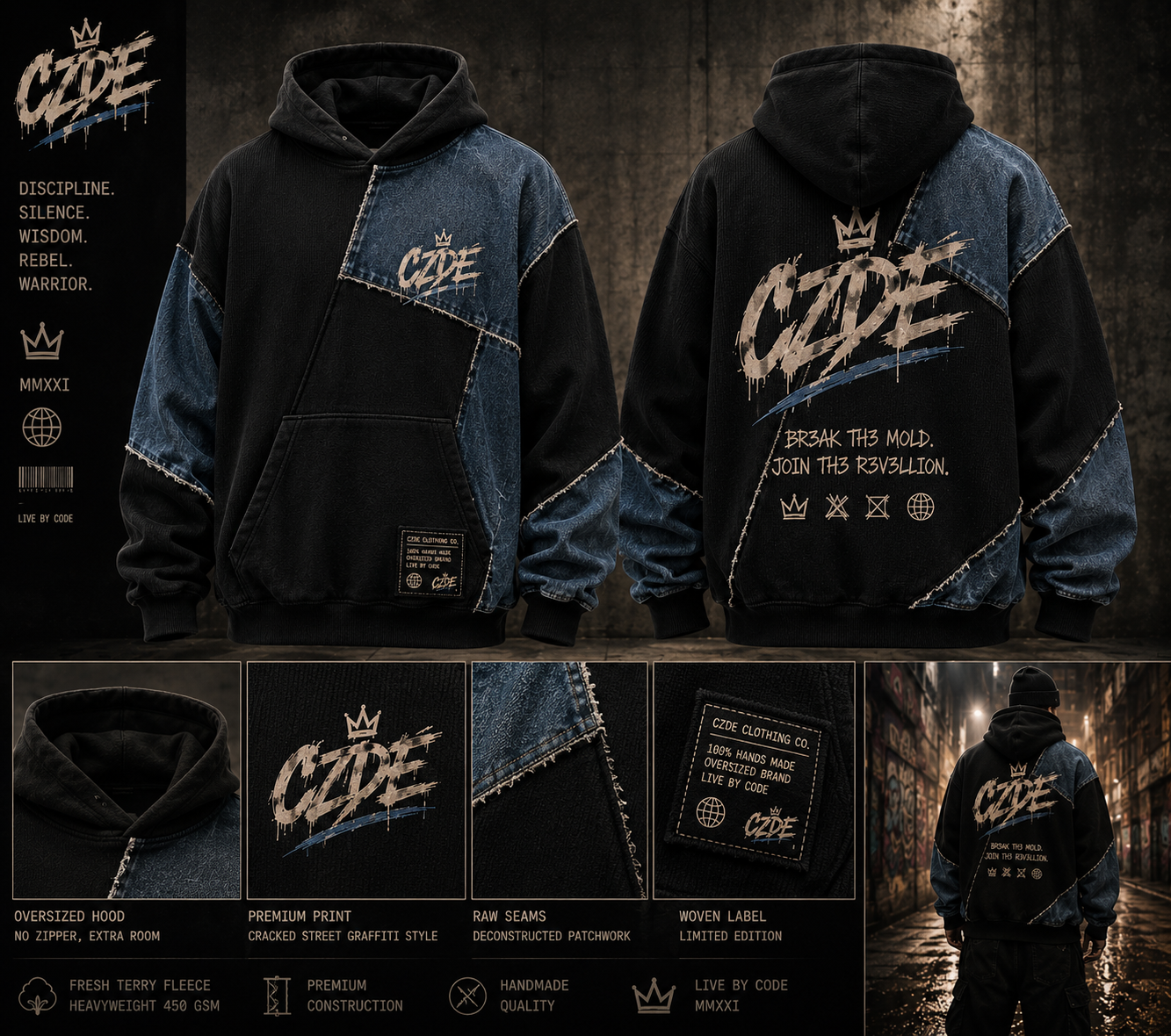 CZDE Denim Patchwork Hoodie product infographic – front and back flat lay with detail callouts: oversized hood, premium print, raw seams, woven label, 450 GSM terry fleece