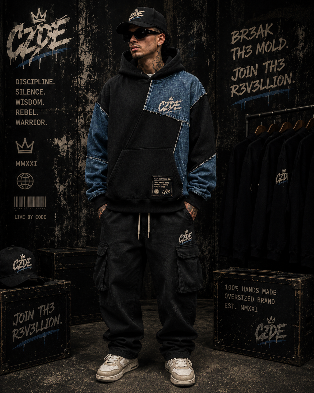 Male model wearing CZDE Denim Patchwork Hoodie – front view, dark editorial background with CZDE branding