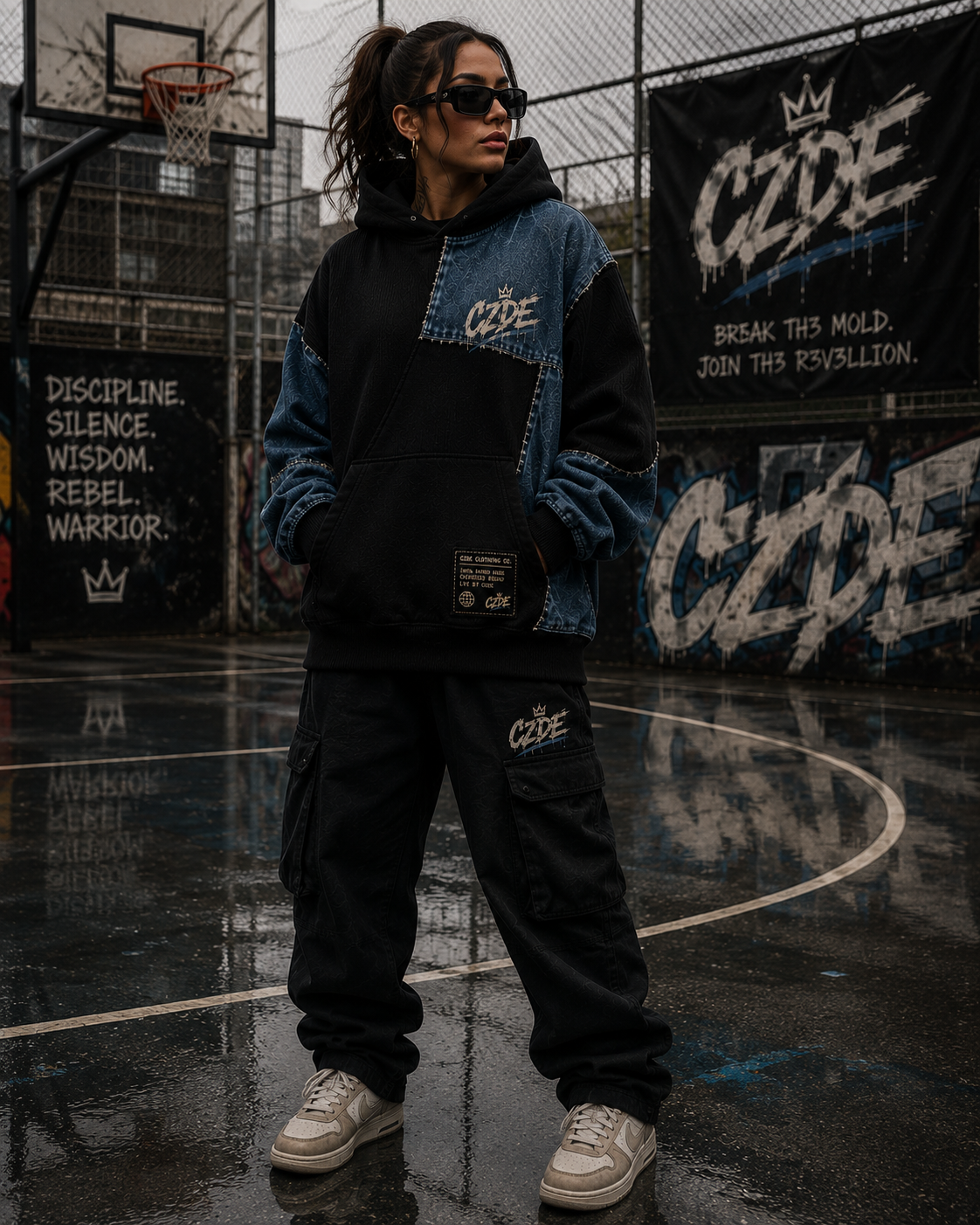 Female model wearing CZDE Denim Patchwork Hoodie – front view on rainy basketball court, Los Angeles street editorial