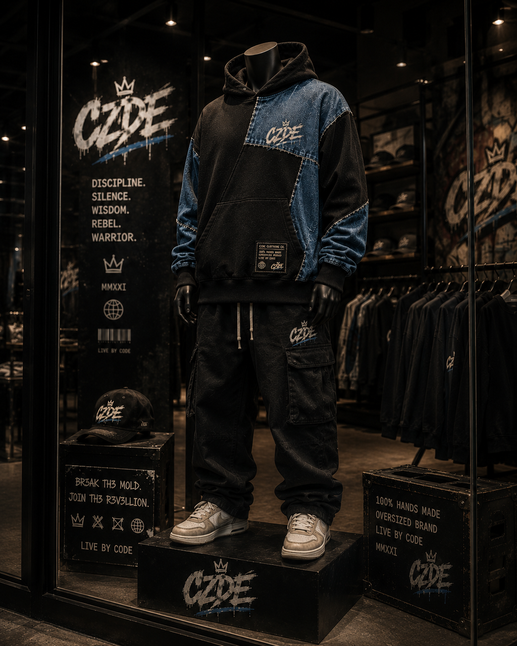 Mannequin display of CZDE Denim Patchwork Hoodie full outfit – store window editorial with CZDE branding