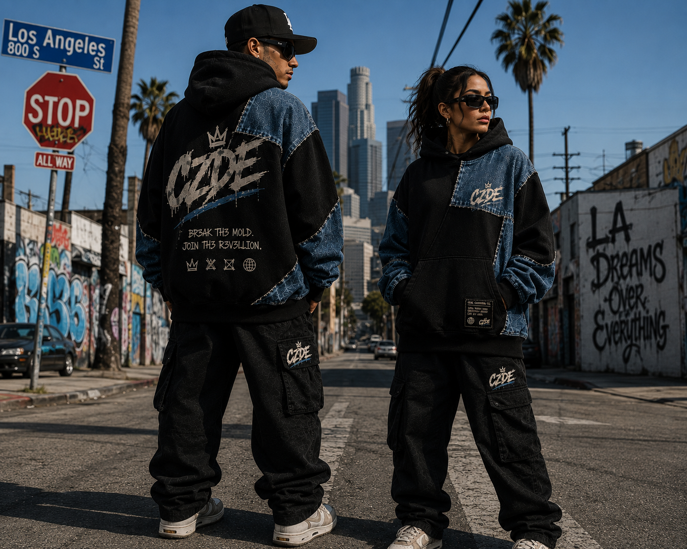 Male and female models wearing CZDE Denim Patchwork Hoodie – Los Angeles street editorial, front and back views