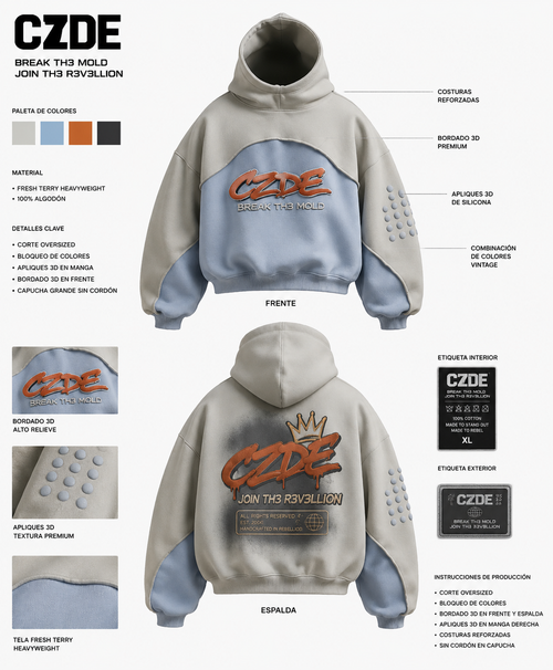 Male model wearing CZDE Ice Blue Bubble Hoodie – front and back street editorial, graffiti wall background