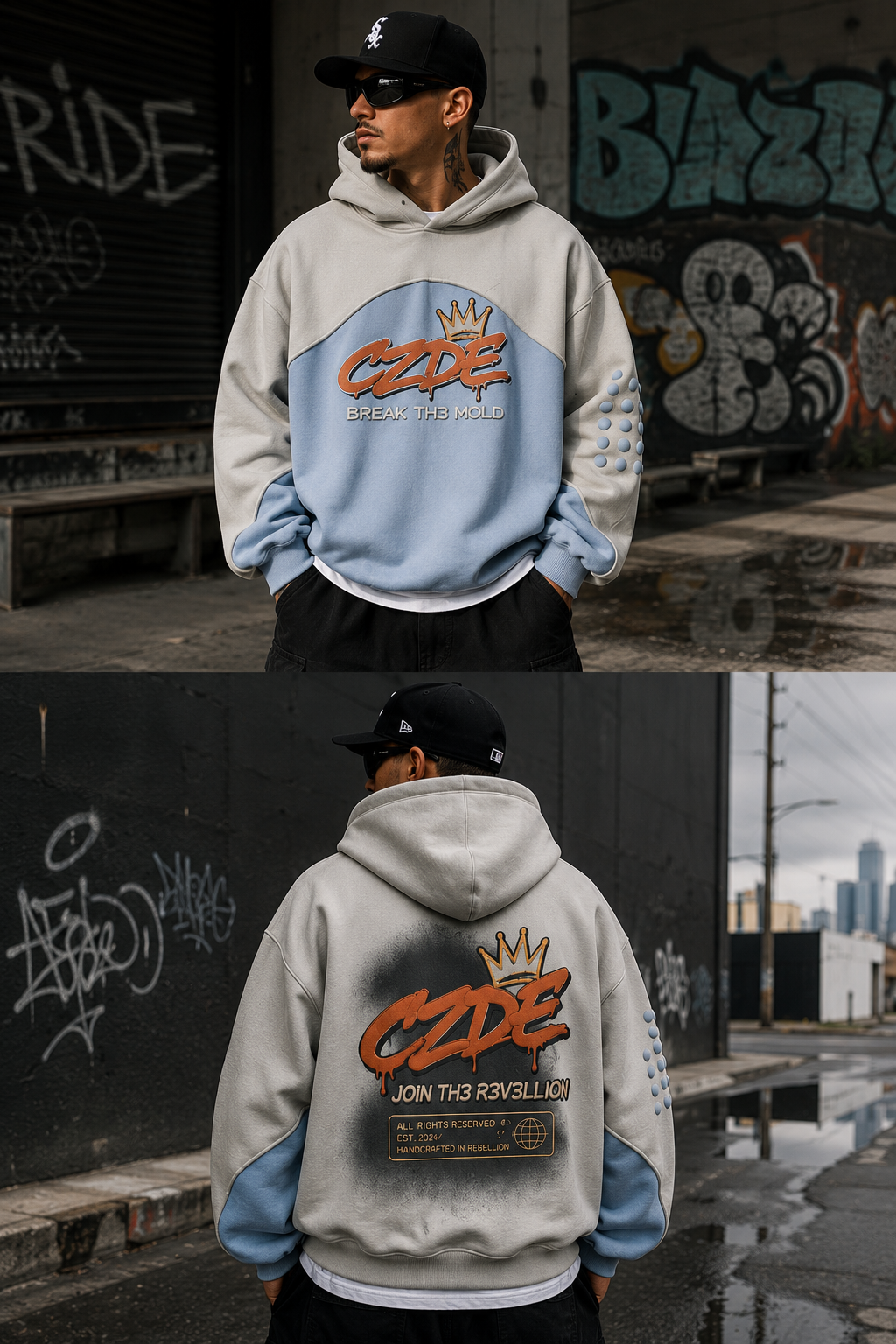 Female model wearing CZDE Ice Blue Bubble Hoodie – front view, Los Angeles graffiti wall street editorial