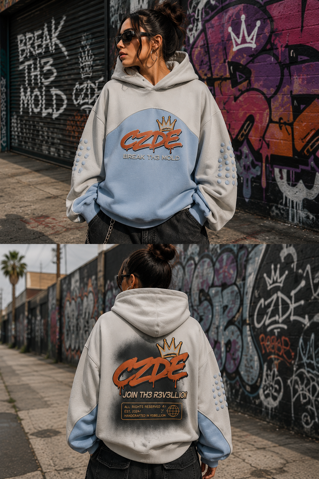 Female model wearing CZDE Ice Blue Bubble Hoodie – back view showing JOIN TH3 R3V3LLION graffiti print, street editorial