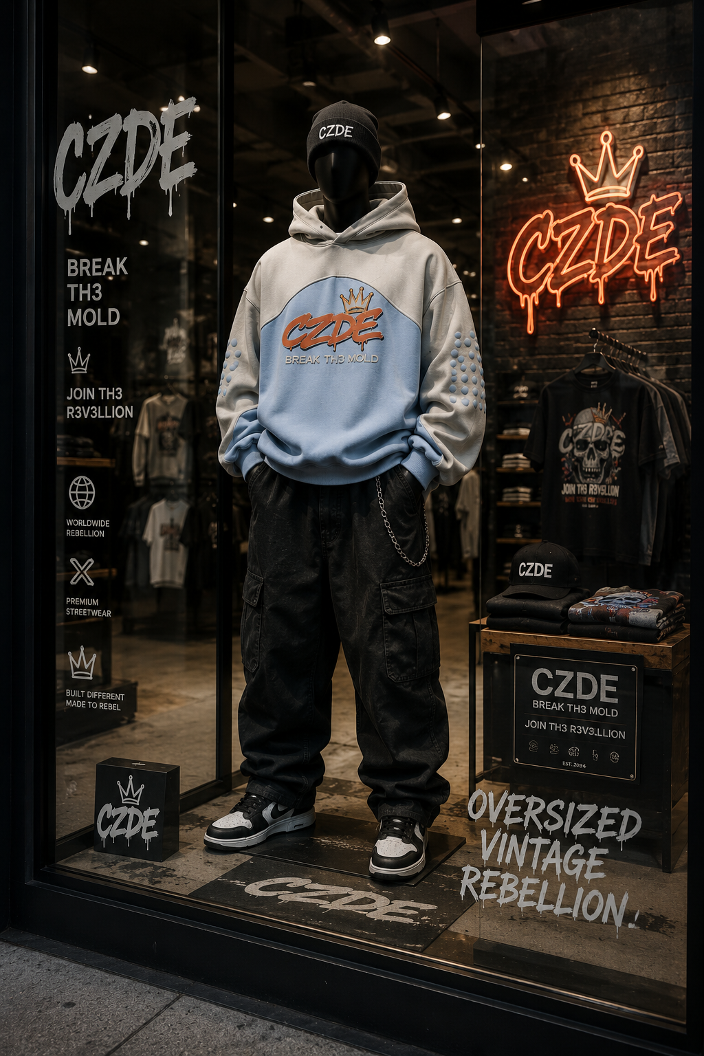 Mannequin display of CZDE Ice Blue Bubble Hoodie full outfit – CZDE store window with neon crown sign