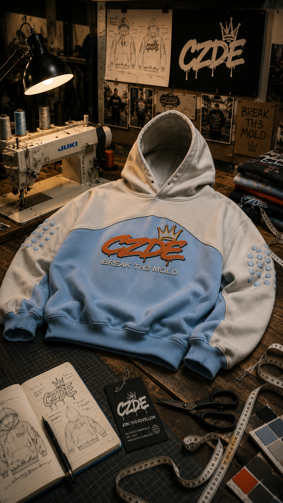 CZDE Ice Blue Bubble Hoodie front flat lay on atelier workbench with JUKI sewing machine, design sketches and CZDE branding