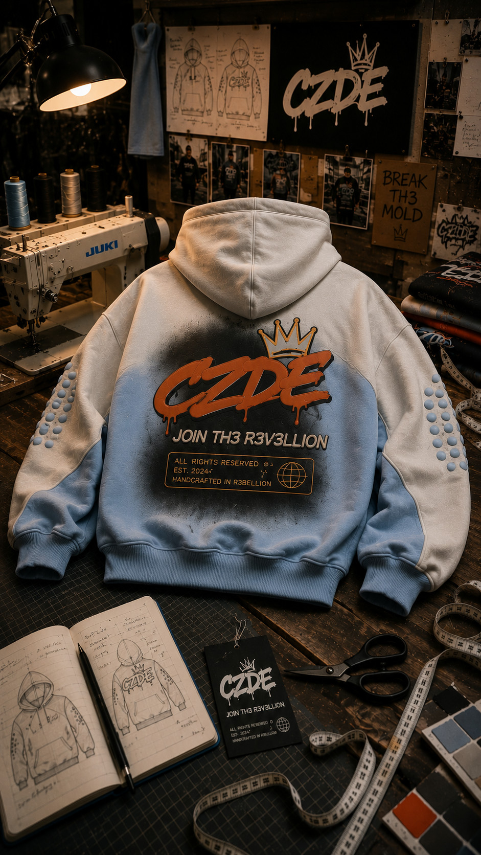 CZDE Ice Blue Bubble Hoodie back flat lay on atelier workbench showing JOIN TH3 R3V3LLION print with design sketches
