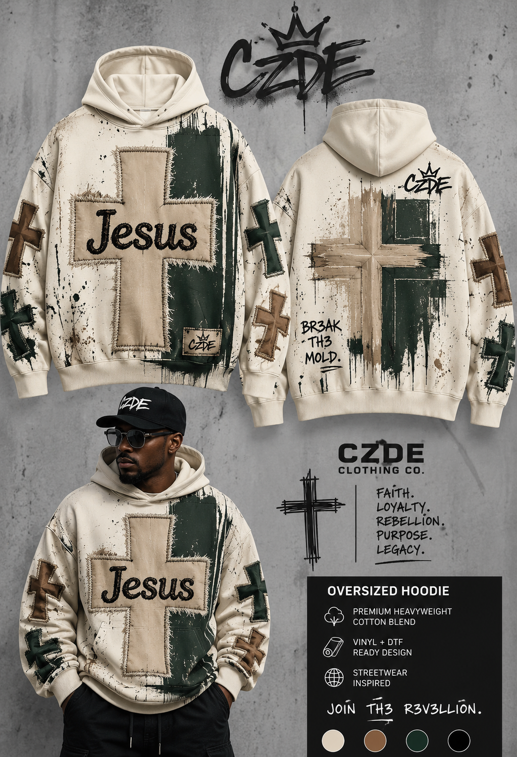 CZDE Jesus Cross Hoodie product infographic – front and back flat lay with male model, cross patches detail and BR3AK TH3 MOLD back print