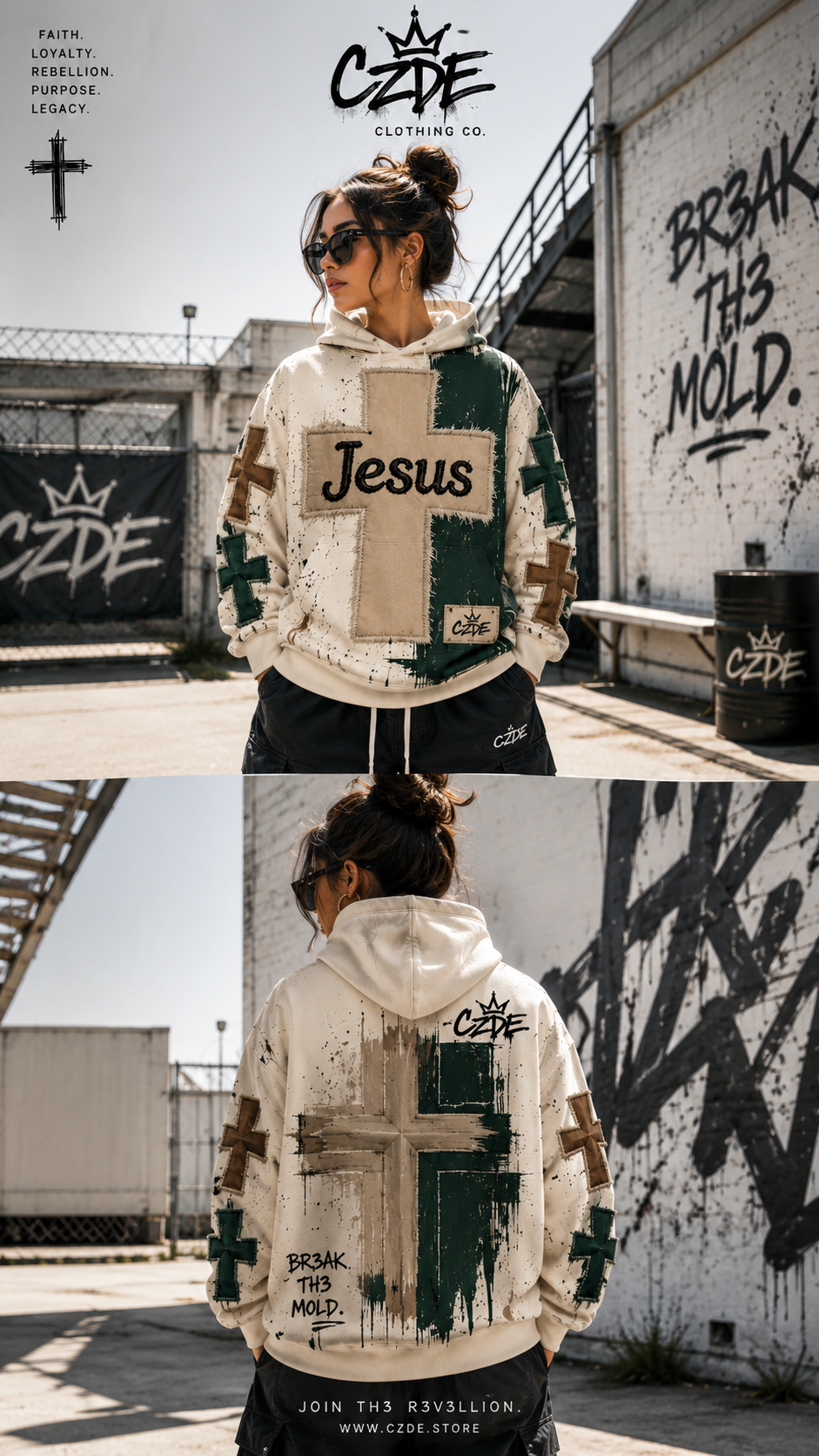 Female model wearing CZDE Jesus Cross Hoodie – front and back street editorial, outdoor graffiti wall background