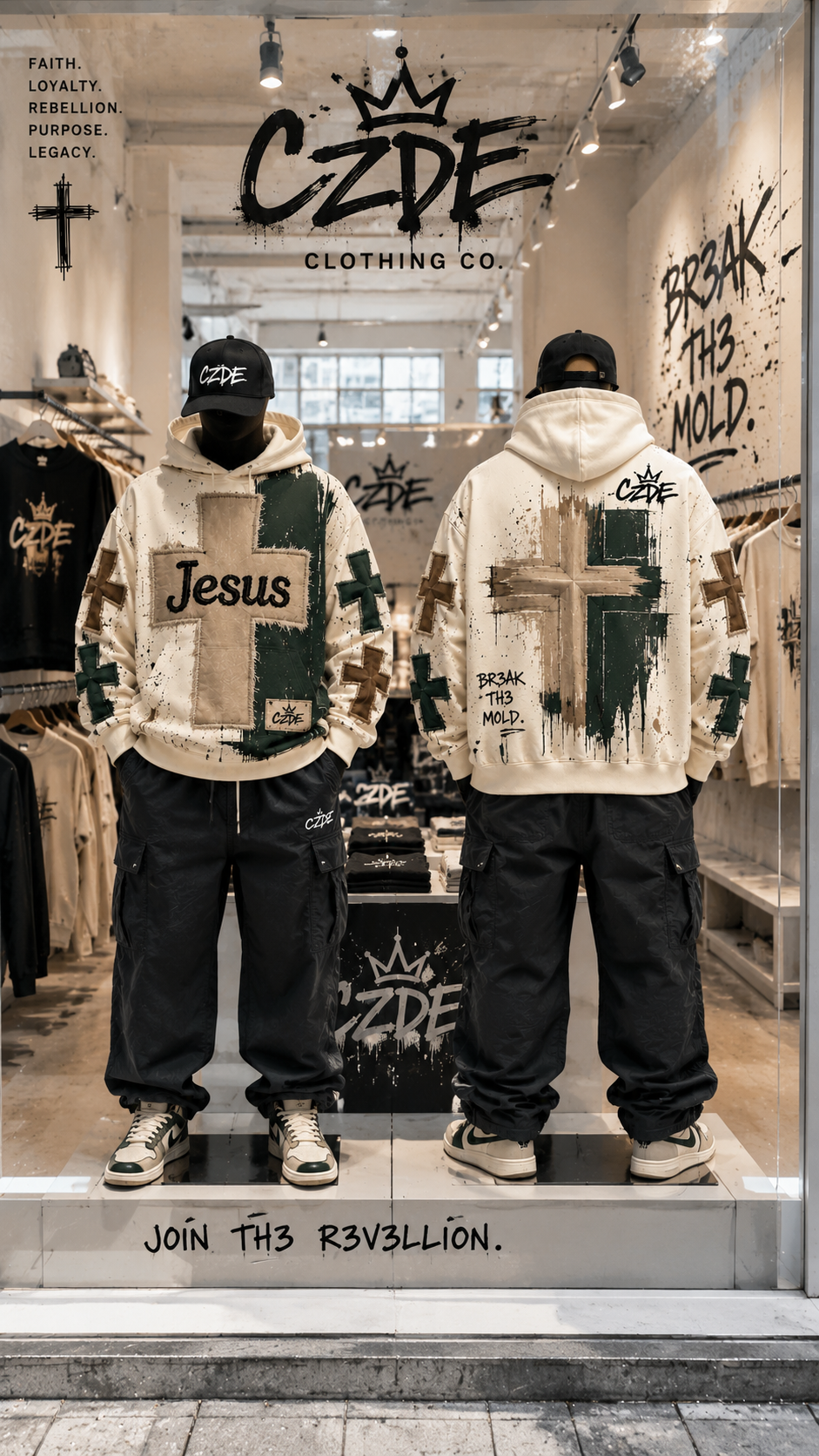 Two mannequins wearing CZDE Jesus Cross Hoodie front and back – CZDE store window display with JOIN TH3 R3V3LLION signage