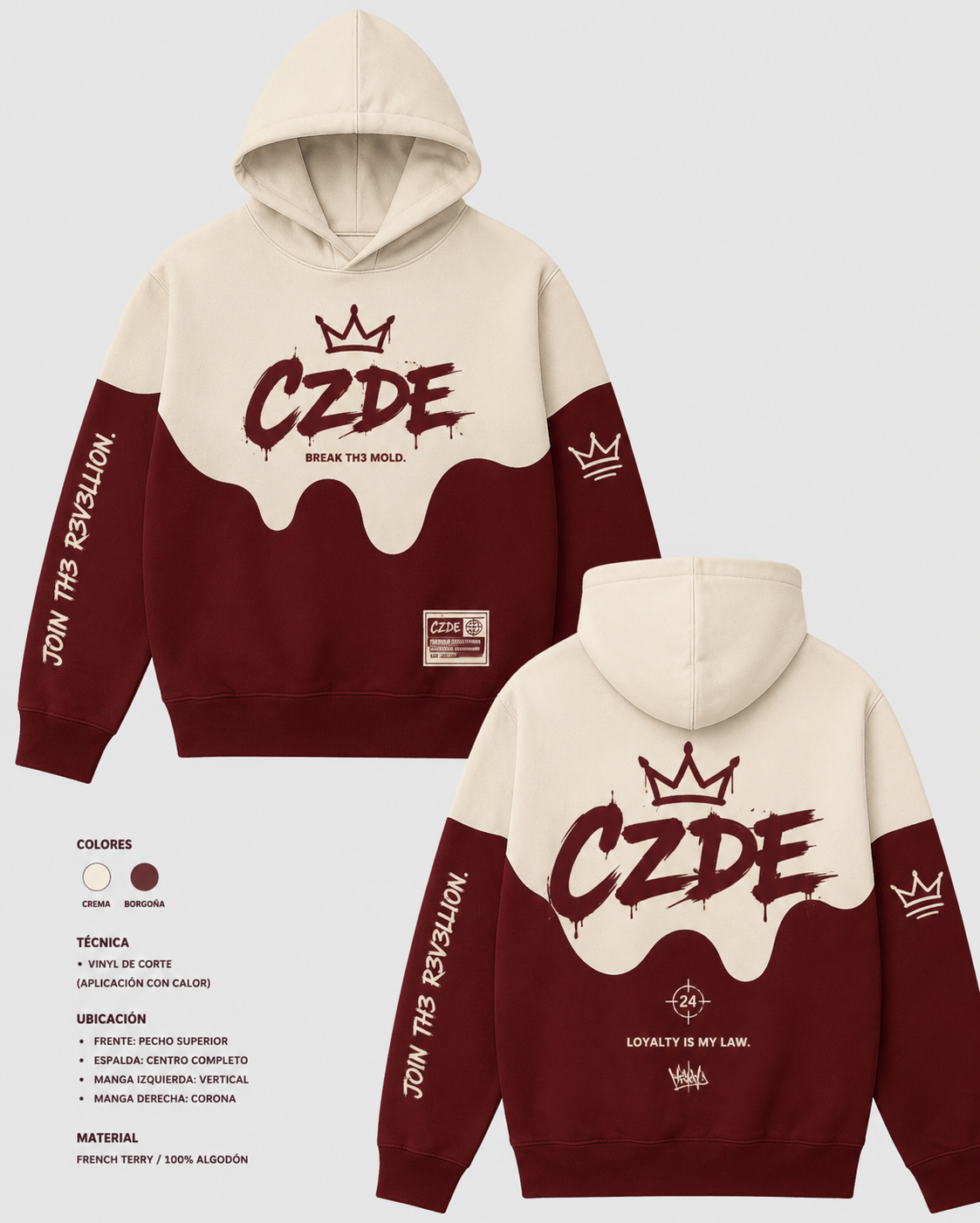 CZDE Burgundy Drip Hoodie product infographic – front and back flat lay showing cream burgundy colorblock drip wave, vinyl print details and color swatches