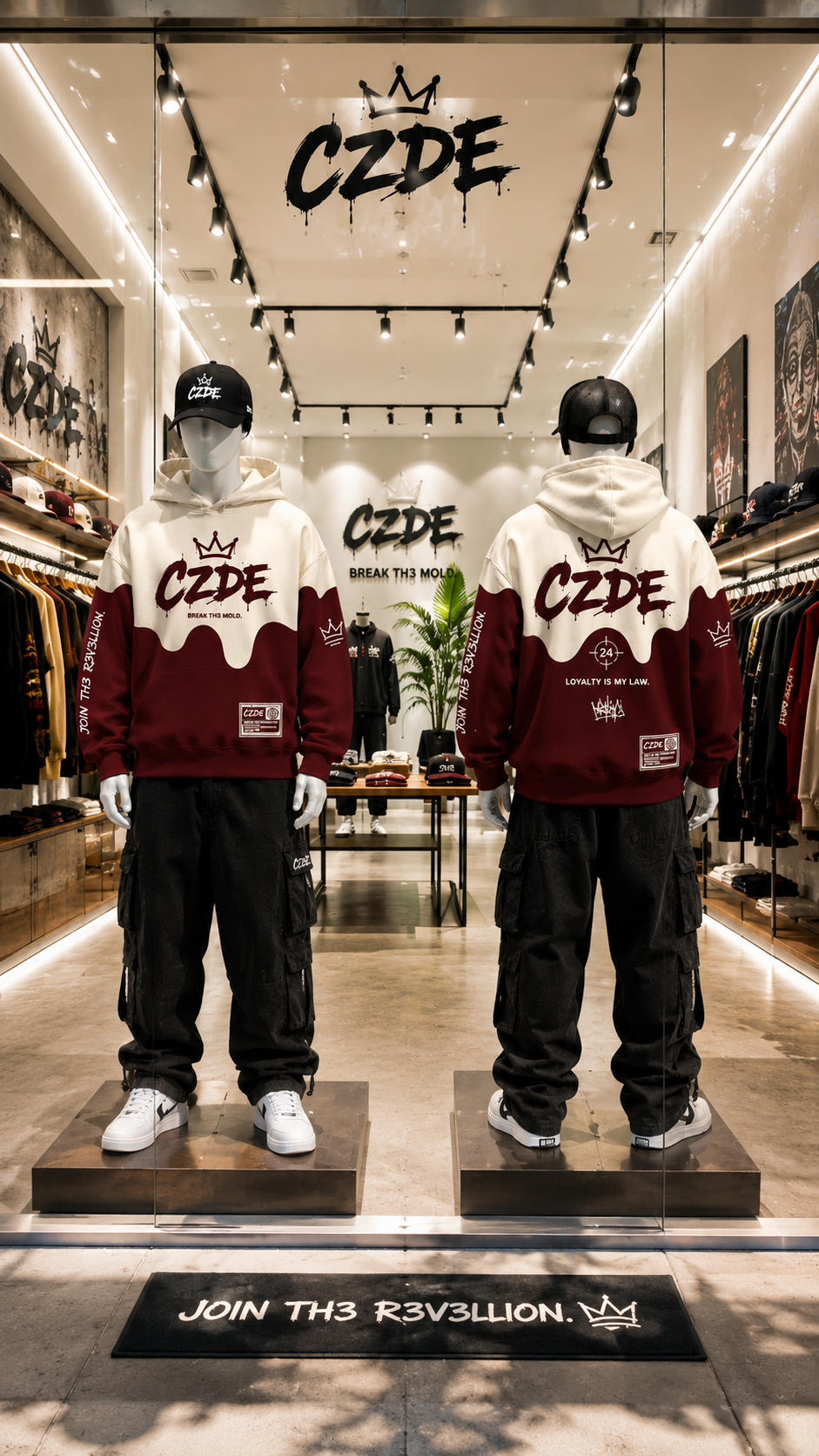 Two mannequins wearing CZDE Burgundy Drip Hoodie front and back – CZDE premium retail store window display with JOIN TH3 R3V3LLION floor mat