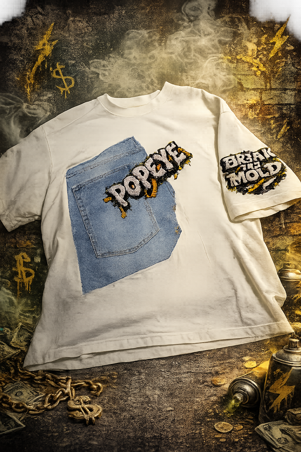 CZDE x Popeye Denim Patch Tee flat lay back – raw denim panel with Popeye crew DTF print and CZDE stone logo on dark editorial background with chains and spray cans