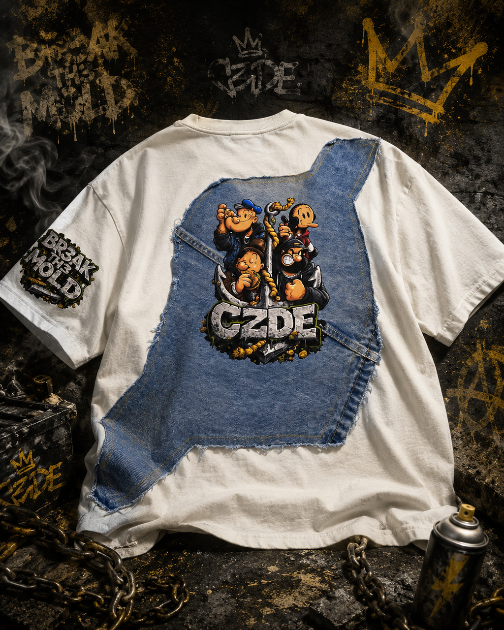CZDE x Popeye Denim Patch Tee flat lay front – denim pocket patch with POPEYE drip logo and BR3AK TH3 MOLD sleeve patch on dark editorial background with gold coins and spray cans