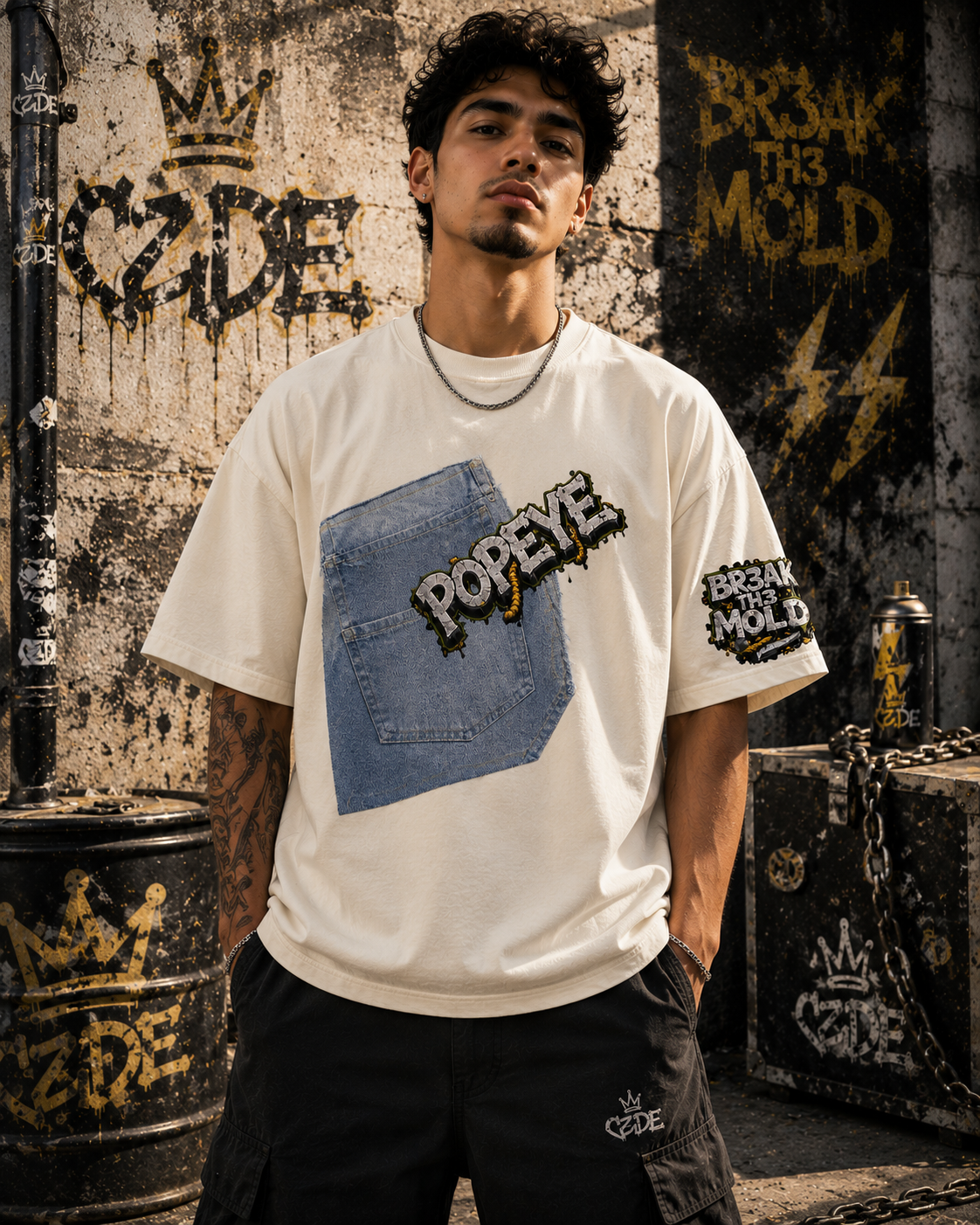 Male model wearing CZDE x Popeye Denim Patch Tee – front view showing denim pocket patch and POPEYE drip logo, CZDE graffiti wall street editorial